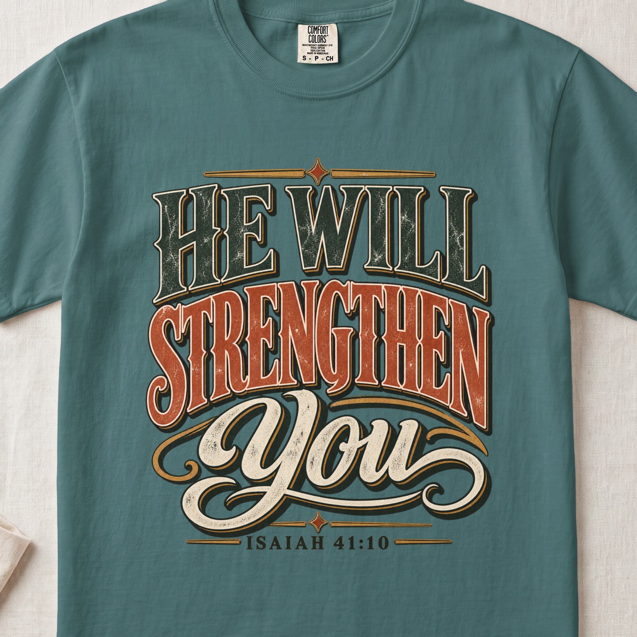 Christian T-Shirt He Will Strengthen You Isaiah 41:10 Faith Shirt, Retro Western Scripture Tee, Vintage Bible Verse Clothing Gift for Him - View 3 Christian T-Shirt He Will Strengthen You Isaiah 41:10 Faith Shirt, Retro Western Scripture Tee, Vintage Bible Verse Clothing Gift for Him - View 3