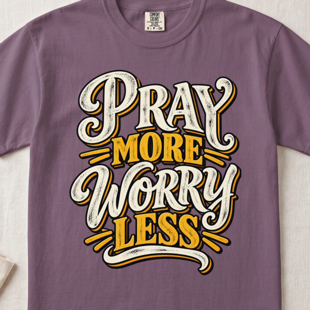 Pray More Worry Less T-Shirt, Retro Christian Faith Graphic Tee, Vintage Scripture Quote Shirt, Inspirational Religious Apparel Gift