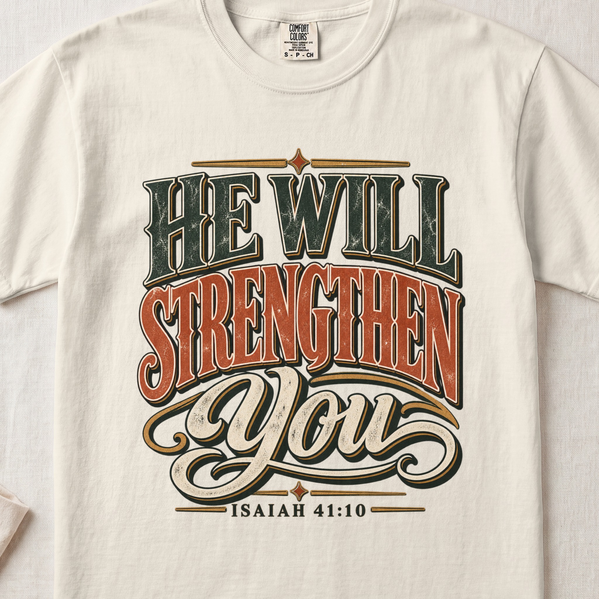 Christian T-Shirt He Will Strengthen You Isaiah 41:10 Faith Shirt, Retro Western Scripture Tee, Vintage Bible Verse Clothing Gift for Him - View 8 Christian T-Shirt He Will Strengthen You Isaiah 41:10 Faith Shirt, Retro Western Scripture Tee, Vintage Bible Verse Clothing Gift for Him - View 8