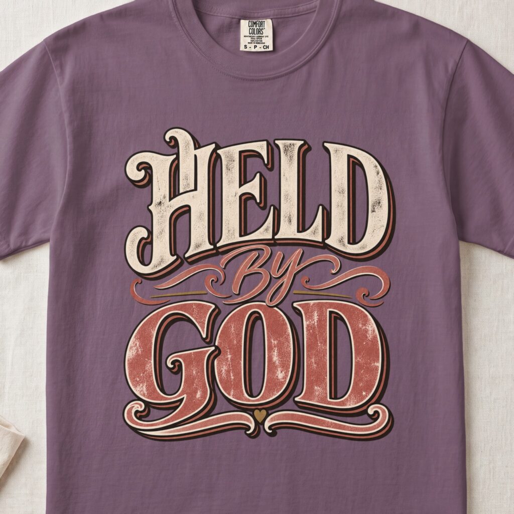 Held By God T-Shirt Retro Christian Faith Shirt Vintage Religious Graphic Tee Inspirational Jesus Shirt Faith Based Gift for Women