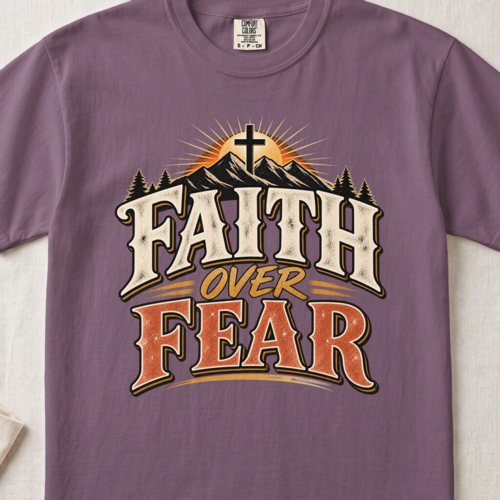Faith Over Fear T-Shirt, Vintage Christian Mountain Cross Shirt, Western Graphic Faith Tee, Inspirational Religious Gift for Men and Women