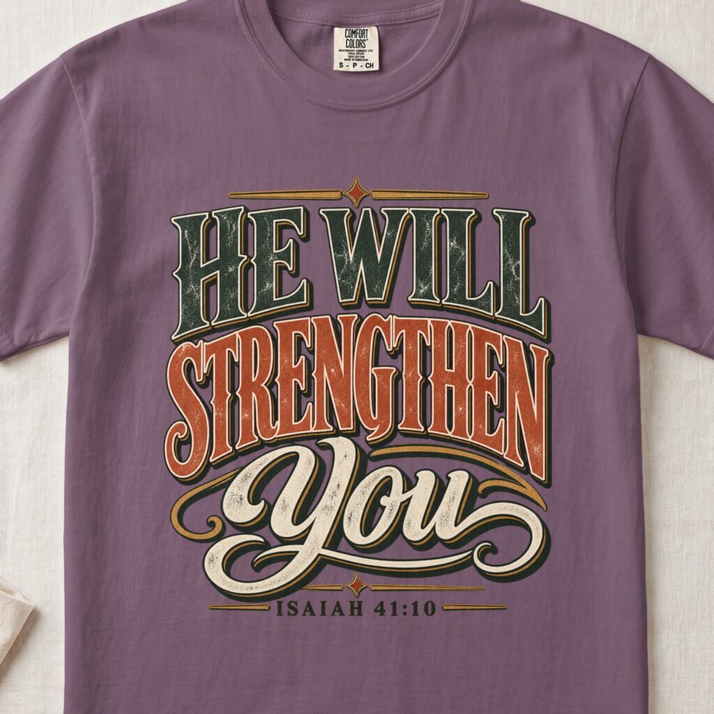 Christian T-Shirt He Will Strengthen You Isaiah 41:10 Faith Shirt, Retro Western Scripture Tee, Vintage Bible Verse Clothing Gift for Him