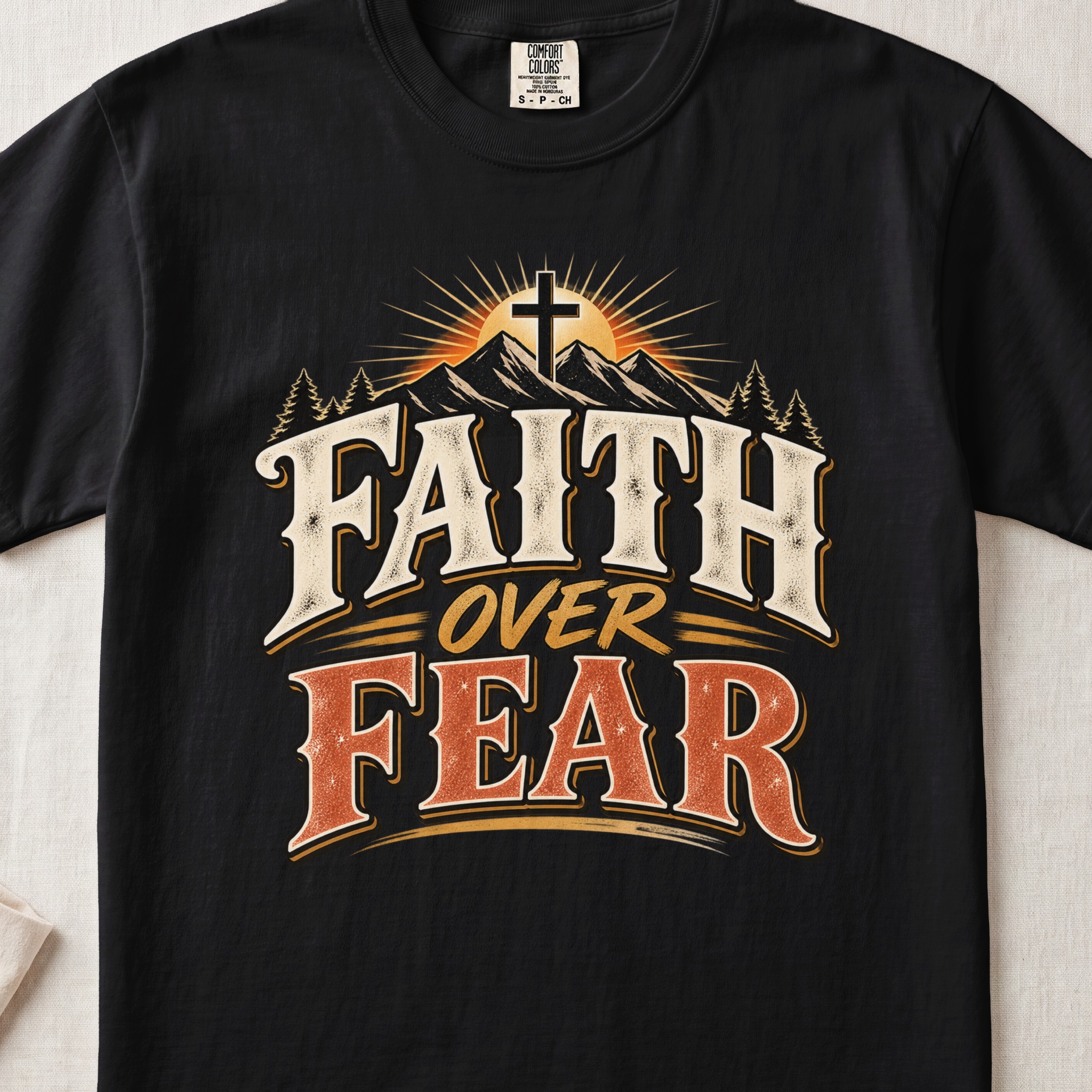 Faith Over Fear T-Shirt, Vintage Christian Mountain Cross Shirt, Western Graphic Faith Tee, Inspirational Religious Gift for Men and Women - View 2 Faith Over Fear T-Shirt, Vintage Christian Mountain Cross Shirt, Western Graphic Faith Tee, Inspirational Religious Gift for Men and Women - View 2
